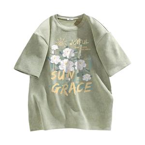 回力短袖t恤男夏季山茶花绿色半袖男生小众麂皮绒男款圆领体恤衫A