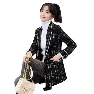 黑色时尚格子毛呢外套女2026早春新款小香风西装妮子大衣小个子