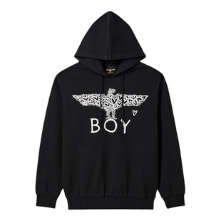 BOYLONDON秋冬黑色宽松连帽卫衣爱心老鹰印花潮牌男女同款N04602