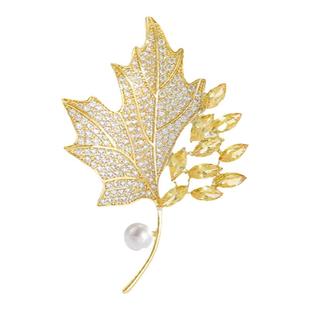 黄色水晶枫叶胸针高档女精致时尚珍珠别针高端气质大衣别针配饰品