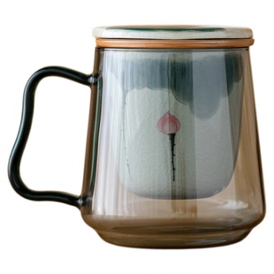 手绘荷花泡茶杯茶水分离陶瓷内胆办公室杯子过滤马克杯玻璃带把