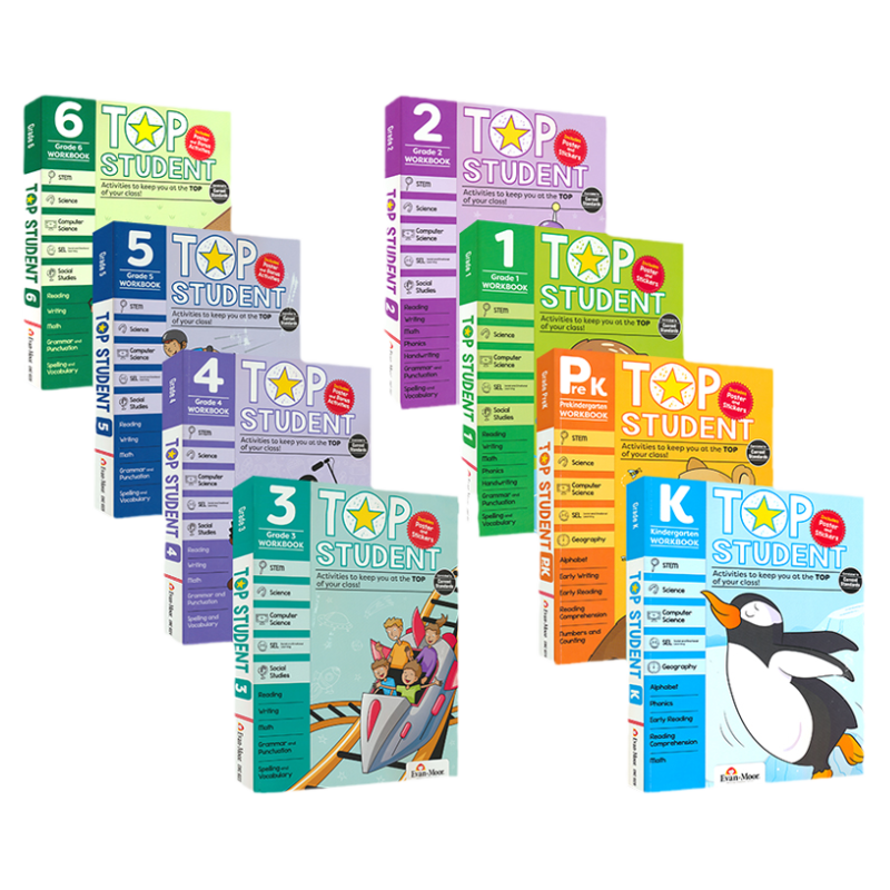 Evan Moor Top Student 美国加州优等生系列 幼儿园-小学6年级教辅练习册 英语数学科学计算机社交情感STEM课程设计理念 英文原版