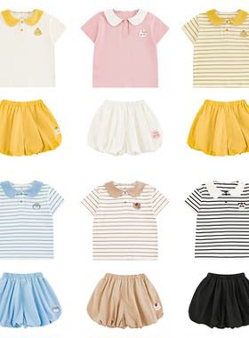 幼悠女童2025夏季套装萌宠撞色翻领短袖动物贴布绣标立体灯笼短裤
