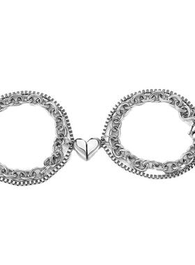 街头风磁吸爱心双层钛钢情侣手链