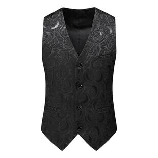 春秋男士修身时尚坎肩西服打底衫黑色提花潮牌背心休闲西装马甲男