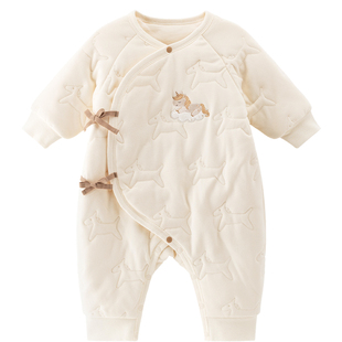 木生棉秋冬季新生儿夹棉绑带连体衣初生婴儿宝宝保暖发热棉服哈衣