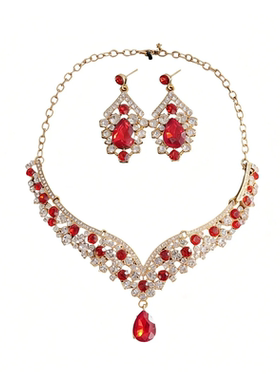 红色镶钻水滴耳钉项链