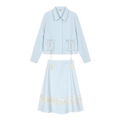 tanni新款简约气质蕾丝拼接衬衫A字型衬衫半身裙套装TO31SH153A