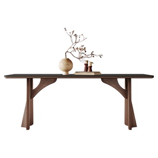 奥古斯特 实木岩板餐桌长方形广东佛山轻奢胡桃木色黑色岩板餐桌