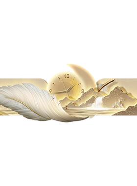 轻奢羽毛客厅装饰画新款钟表创意发光挂画沙发背景墙高级金山灯画
