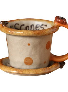 景德镇手绘陶瓷马克杯带杯碟可爱单耳把手水杯子哑光立体咖啡杯
