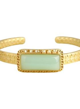 新中式国潮古法镀金镶嵌仿和田玉平安无事牌花丝手镯国潮古风手饰
