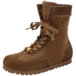 热风复古时装靴女鞋2025年冬季新款女士休闲拳击靴棕色平底西部靴