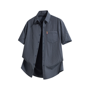 爸爸夏装短袖衬衫中青年上衣服中年冰丝凉感格子男士夏季宽松衬衣
