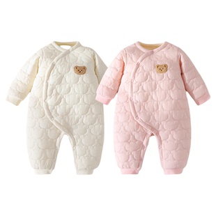 婧麒新生婴儿加厚夹棉连体衣冬季婴幼儿宝宝保暖棉服外出哈衣衣服