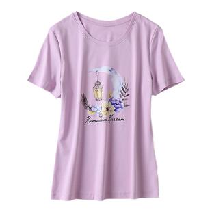 薄款印花短款上衣女夏季新款百搭时尚丝光棉紫色圆领短袖T恤女夏