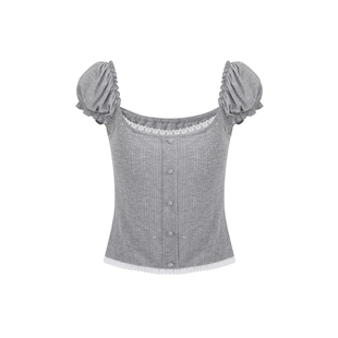 范洛格雷系针织T恤独特俏皮修身短袖小众设计感方领泡泡袖上衣夏