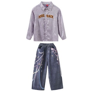 街舞儿童潮服男女童酷帅紫色衬衫牛仔裤breaking架子鼓元旦演出服