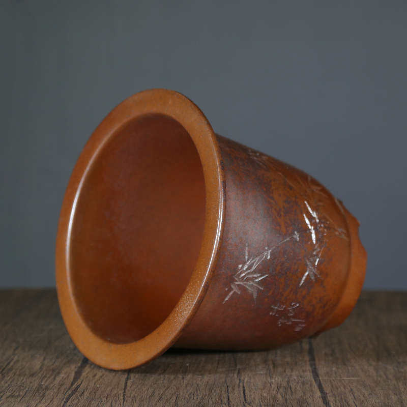 柴烧紫砂花盆特大号陶瓷花盆兰花盆桌面绿植古典花盆手工刻绘圆形