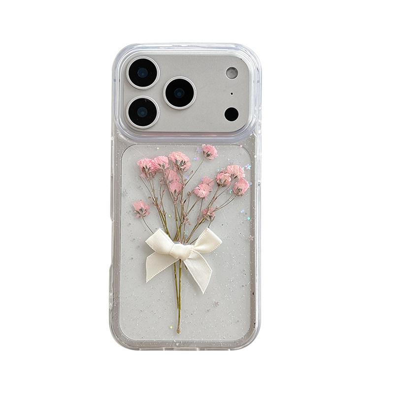 领结闪粉亮片花朵手机壳适用iPhone16pro真花苹果17promax透明15小清新ins蝴蝶结星星亮片14plus日系13保护套