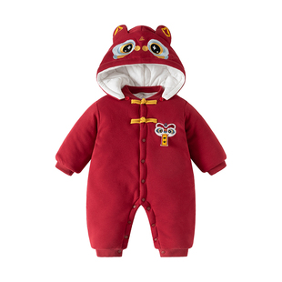 中国风婴儿冬装拜年过新年服新生喜庆宝宝外出满月夹棉百天连体衣