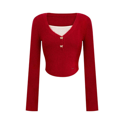 短貂绒假两件V领针织打底衫