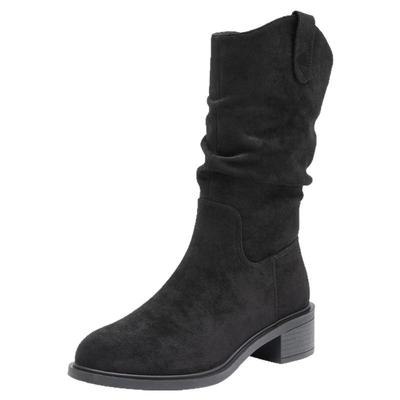 大东官方正品黑色粗跟中筒靴显瘦