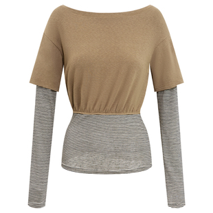 出逃赤岗西 设计感假两件拼接斜肩长袖T恤女莱赛尔修身条纹打底衫