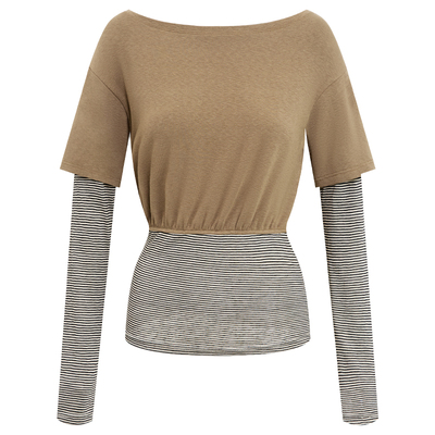 假两件撞色拼接莱赛尔斜肩T恤女