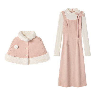 织物猪 都市甜心 千金风连衣裙套装miu系穿搭斗篷两件套气质长裙