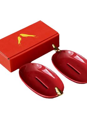 婚庆用品女方陪嫁肥皂盒皂盒红色一对喜庆陶瓷创意金雀送喜香皂碟