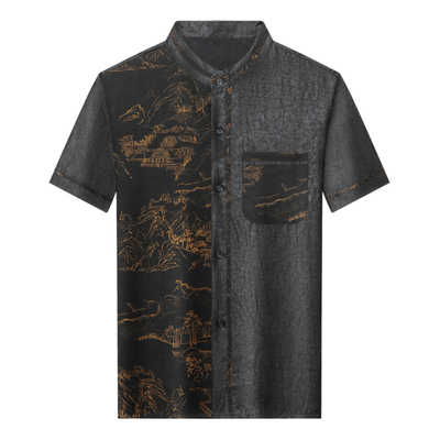 春竹世家中年短袖衬衫男100%桑蚕丝重磅真丝香云纱印花唐装高级感