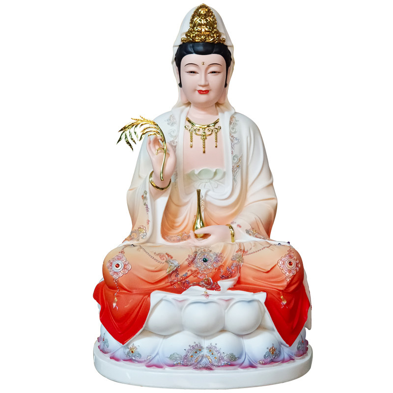 汉白玉观音神像手工彩绘家用摆件