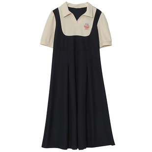 胖莹莹大码女装夏季新款胖MM撞色学院风假两件长短款polo领连衣裙