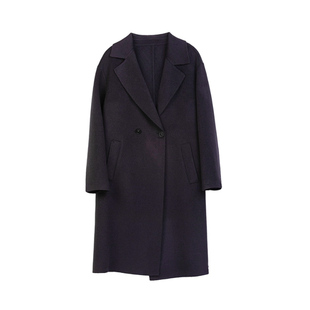 诗梦女装冬季黑灰色羊毛蚕丝驼绒双面呢中长款大衣外套西装领直筒