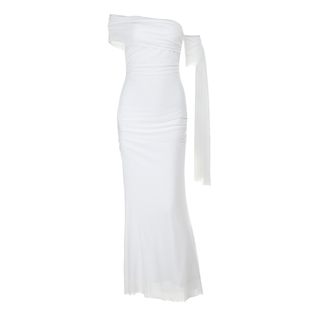 GirlsAt18 一字肩飘带白色连衣裙女夏季高级修身裙子收腰礼服长裙