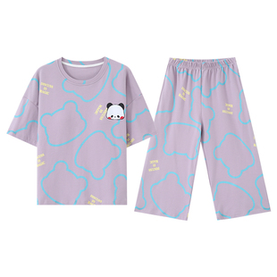 自带胸垫一体女士夏季睡衣短袖七分裤宽松休闲胖MM200斤家居服套