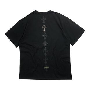 爆帅串标蓝白间皮质金属十字架轻奢华风欧美ins潮牌棉男女短袖T恤