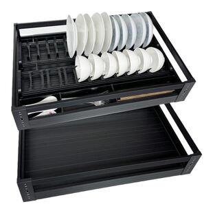 拉篮厨房橱柜双层抽屉式铝合金拉篮柜内收纳碗碟篮内置调味调料篮