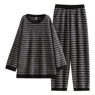 家乐芬睡衣男士秋冬季冬款软绵绵半边绒珊瑚绒圆领套头条纹家居服