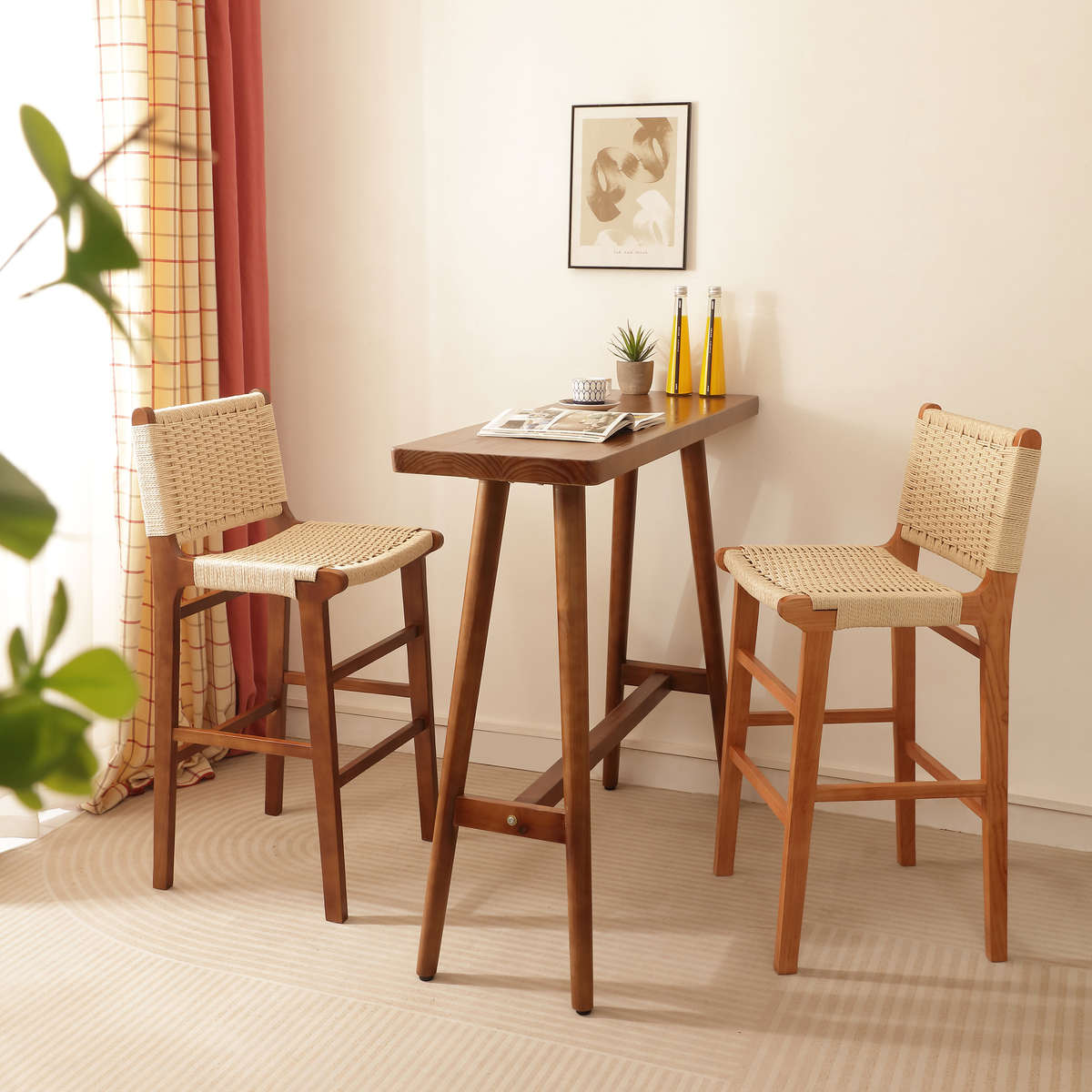 实木绳编吧椅家用复古餐椅酒吧餐厅高脚凳侘寂风岛台椅前台接待凳