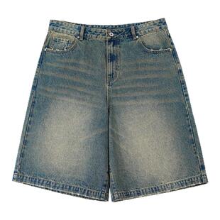 DIMC复古水洗泛黄五分牛仔裤 夏季新款磨边猫须廓形潮流宽松短裤