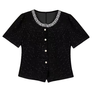 满印撒银纽扣短袖T恤女2025夏季新款立体装饰气质时尚显瘦上衣女