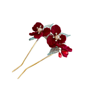 新中式头花红色插梳发夹女新娘订婚敬酒服晚礼u型发簪子发卡头饰