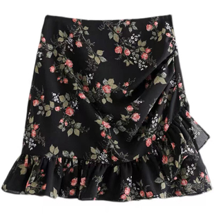 法式复古碎花荷叶边半身裙2024夏季薄款高腰宽松显瘦皱褶A字短裙