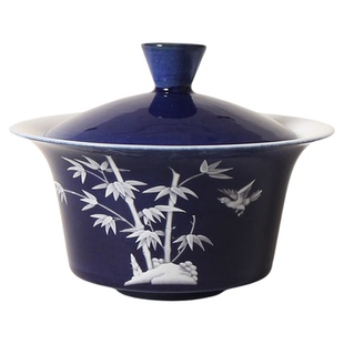 洒蓝二才盖碗单个家用高档竹子霁蓝防烫茶杯功夫茶具悬停泡茶碗