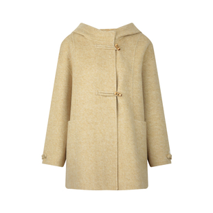 BLUEerror 连帽牛角扣中长款双面呢大衣女慵懒毛呢外套呢子春季