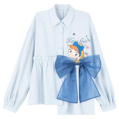 KEIKO春夏淡系氧气蓝蝴蝶结衬衫
