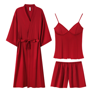 牧柔睡衣简约风大红纯色轻便舒适休闲长袖开衫式短裙宽松春季睡衣
