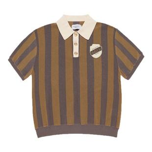 ADLV 2025春夏新款T恤竖条纹针织短袖宽松衬衫翻领T恤休闲POLO衫